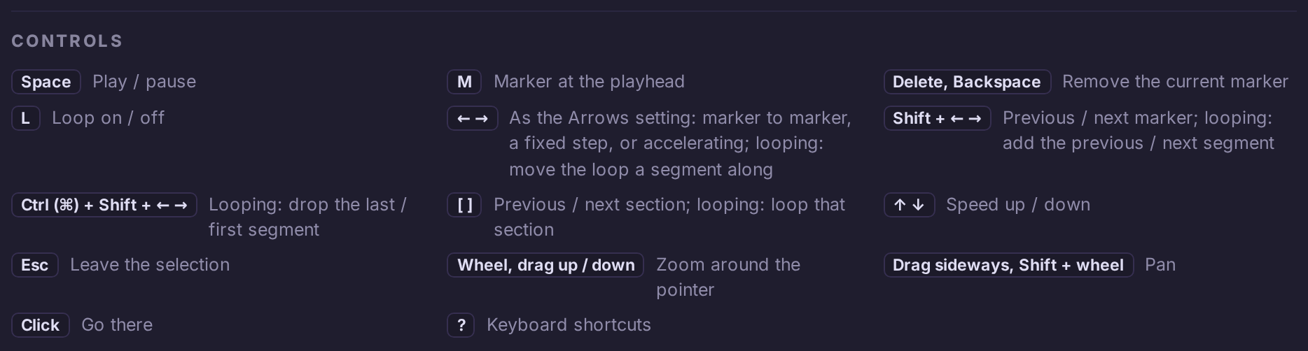 The Controls list: Space play / pause, M marker at the playhead, L loop on / off, the arrow keys, Shift and Ctrl with the arrows, the brackets, Esc, the mouse wheel and dragging.
