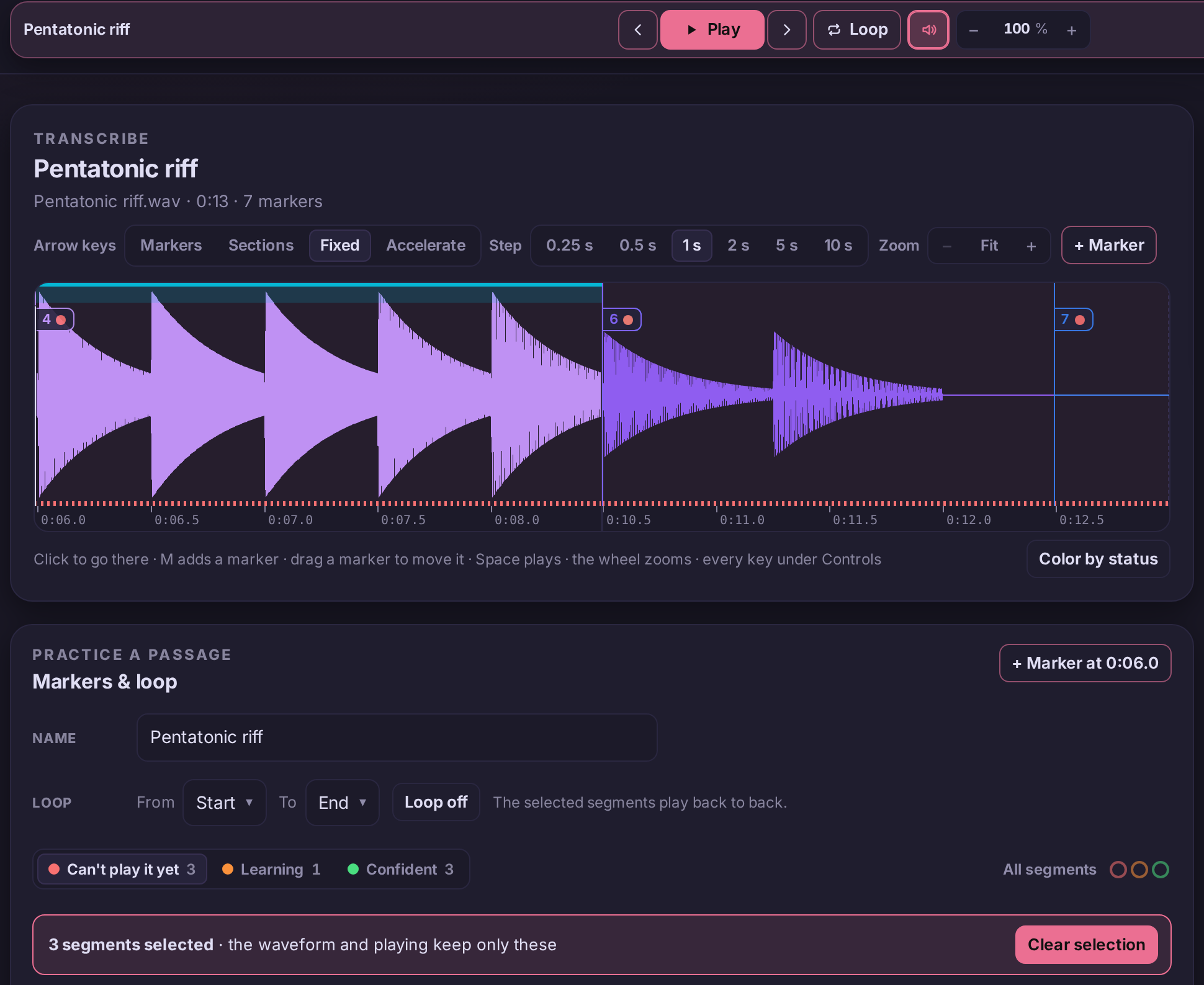 Three segments selected: the waveform keeps only them, end to end, under the bar 3 segments selected and Clear selection.