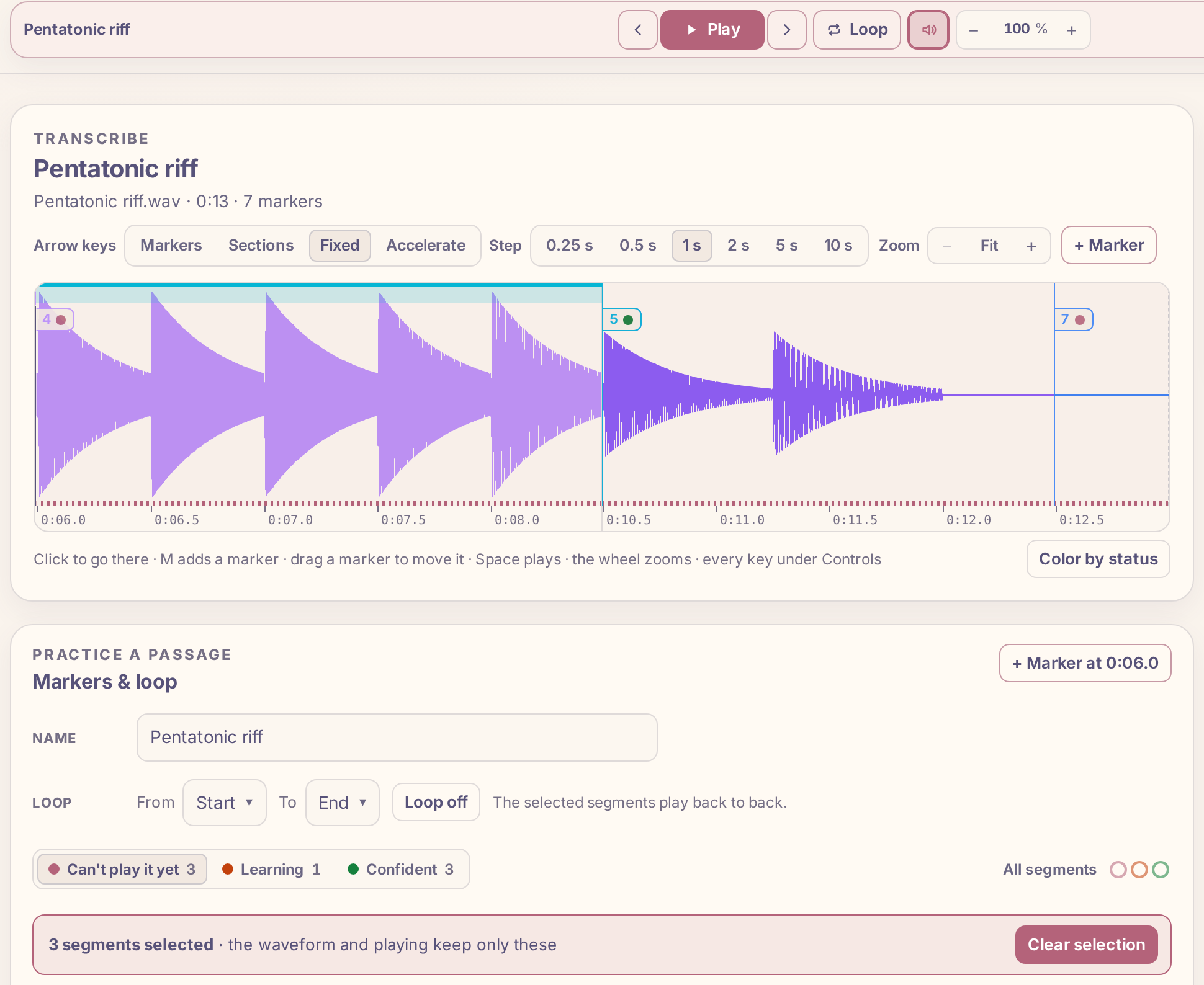 Three segments selected: the waveform keeps only them, end to end, under the bar 3 segments selected and Clear selection.