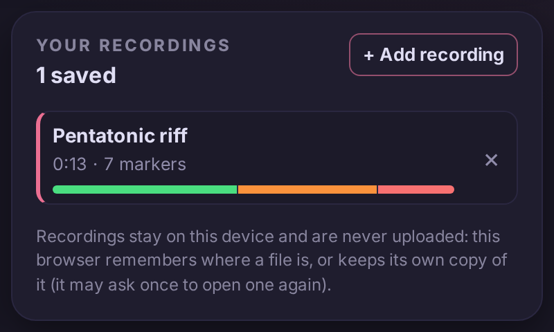 The recording in Your recordings with its health bar: mostly green, then orange, a short red part at the end.