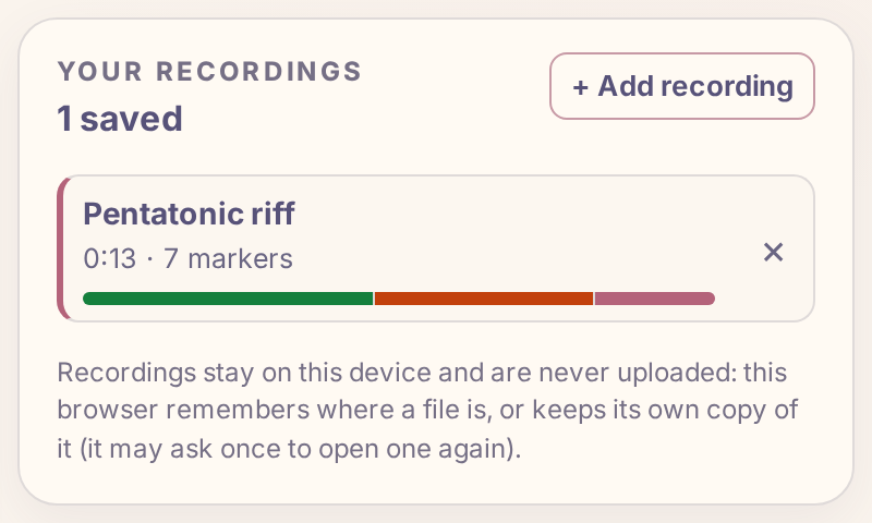 The recording in Your recordings with its health bar: mostly green, then orange, a short red part at the end.