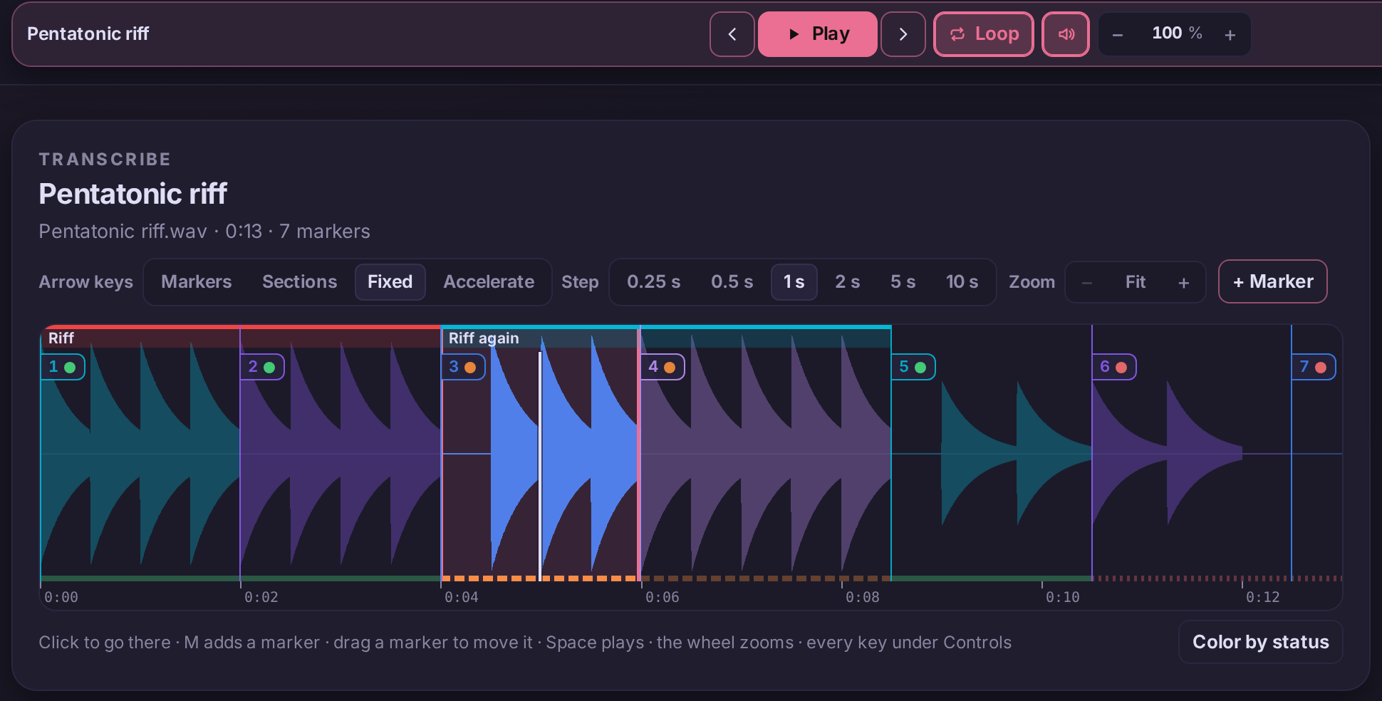 The loop on segment 3: Loop is on in the transport, segment 3 stands out on the waveform and the rest of the recording is faded.