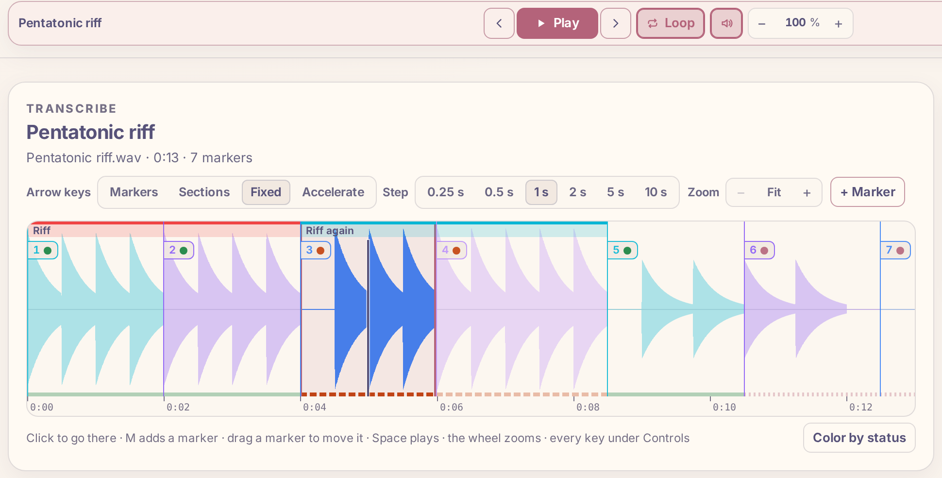 The loop on segment 3: Loop is on in the transport, segment 3 stands out on the waveform and the rest of the recording is faded.