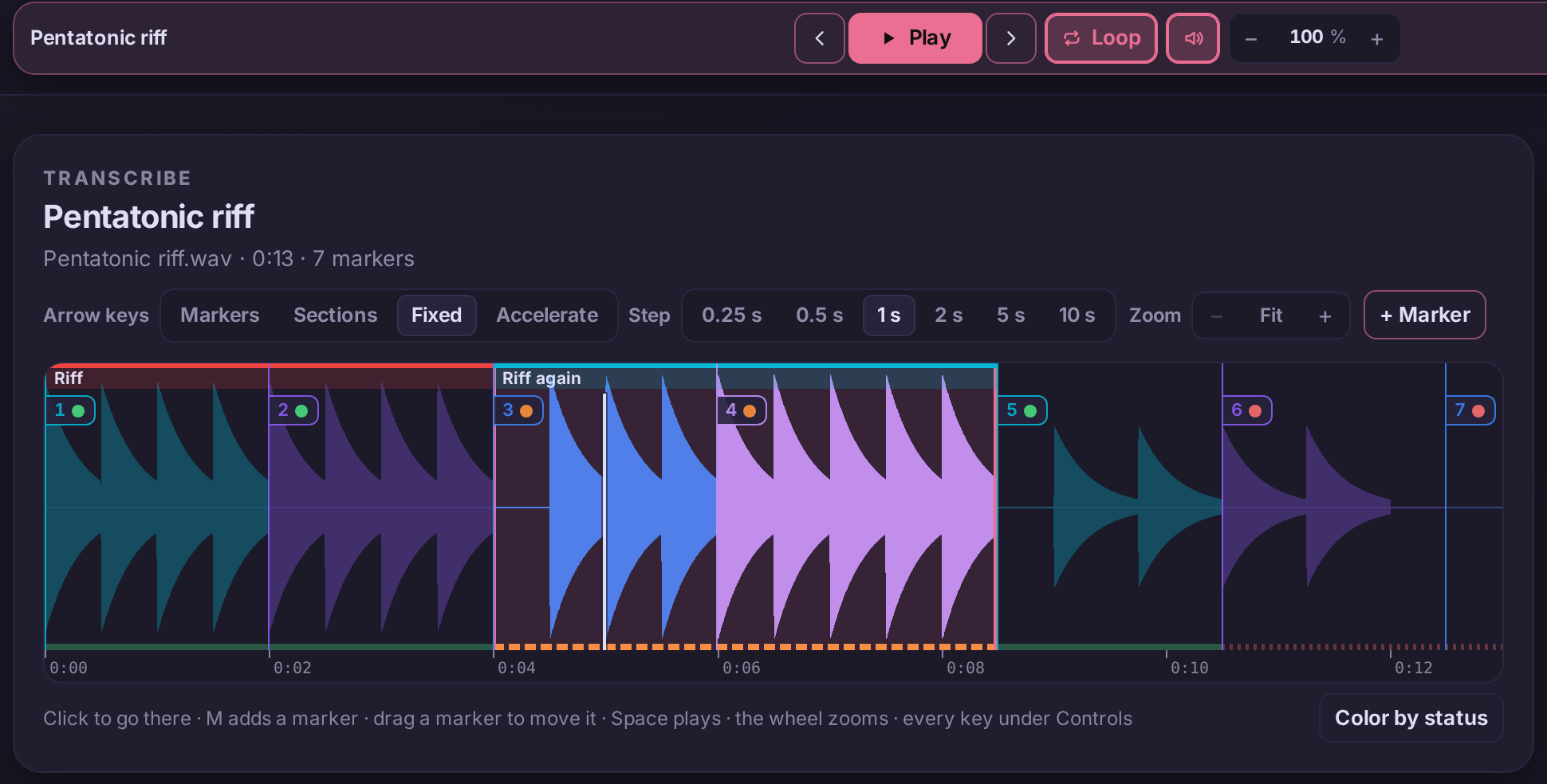 The loop widened with Shift and the right arrow: segments 3 and 4 together, the rest of the waveform faded.