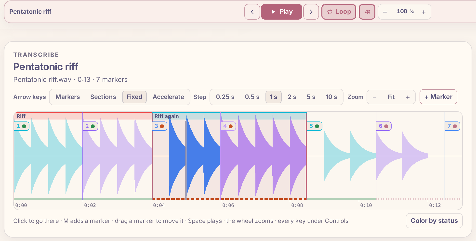 The loop widened with Shift and the right arrow: segments 3 and 4 together, the rest of the waveform faded.