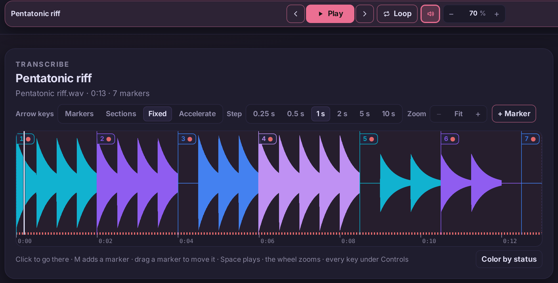 The transport with Play, Loop, the sound toggle and the speed set to 70 %, above the recording's waveform with its markers.