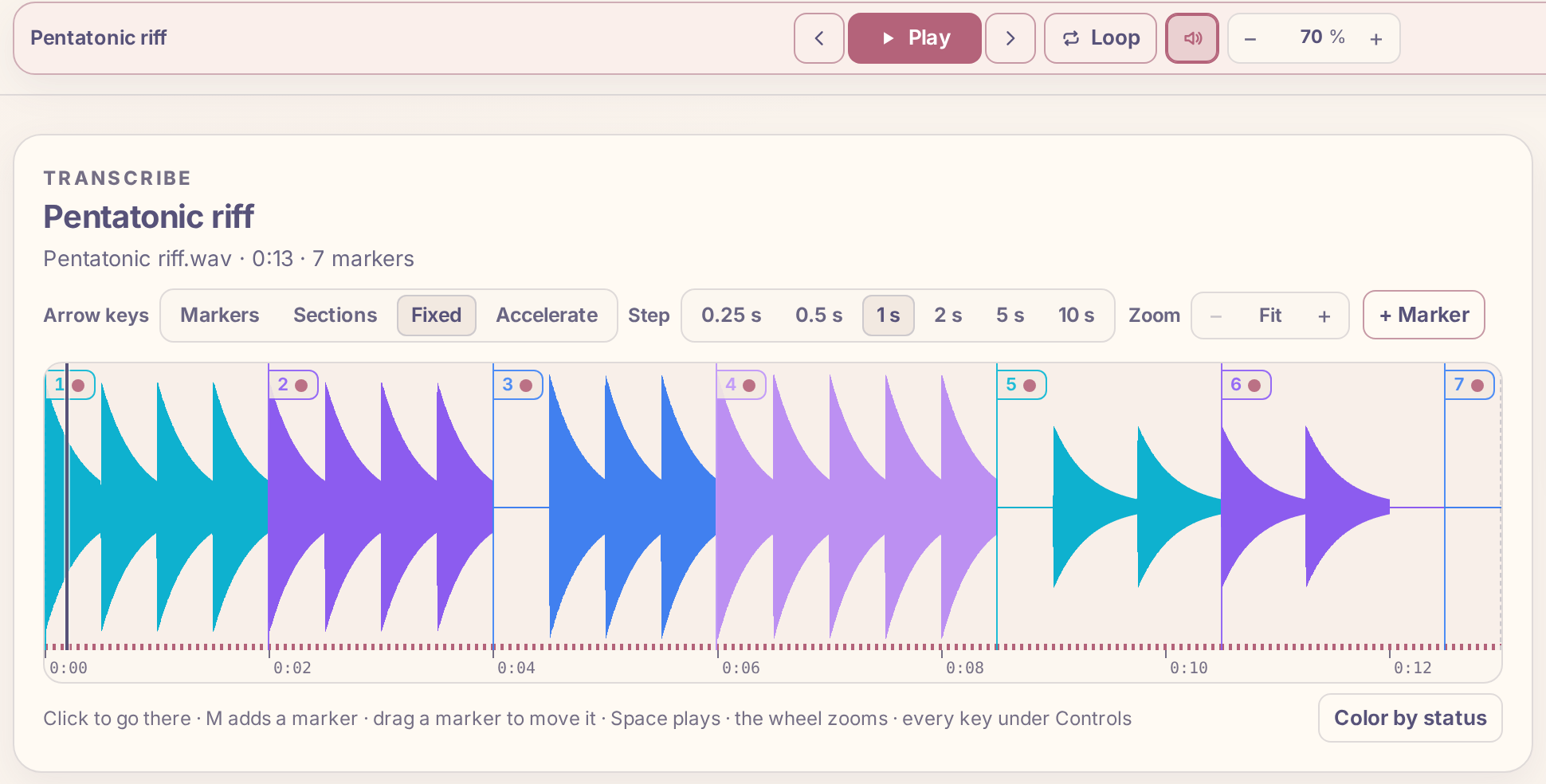 The transport with Play, Loop, the sound toggle and the speed set to 70 %, above the recording's waveform with its markers.