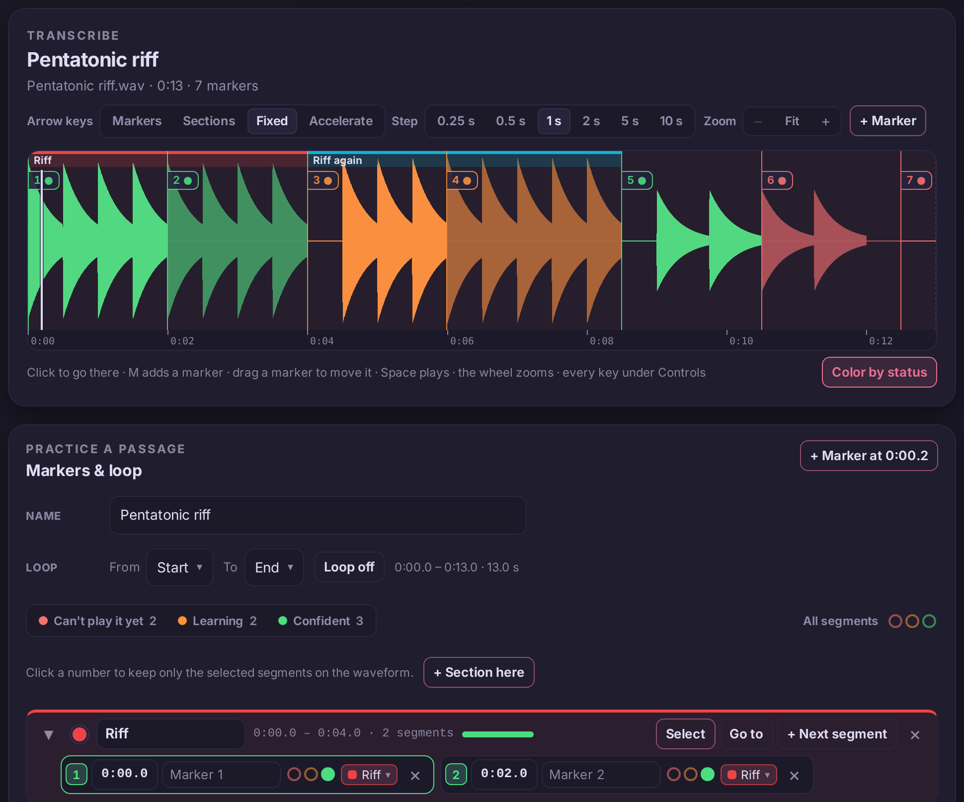 The waveform colored by status: the first phrases green, two orange, the last ones red; below it the legend Can't play it yet 2, Learning 2, Confident 3.