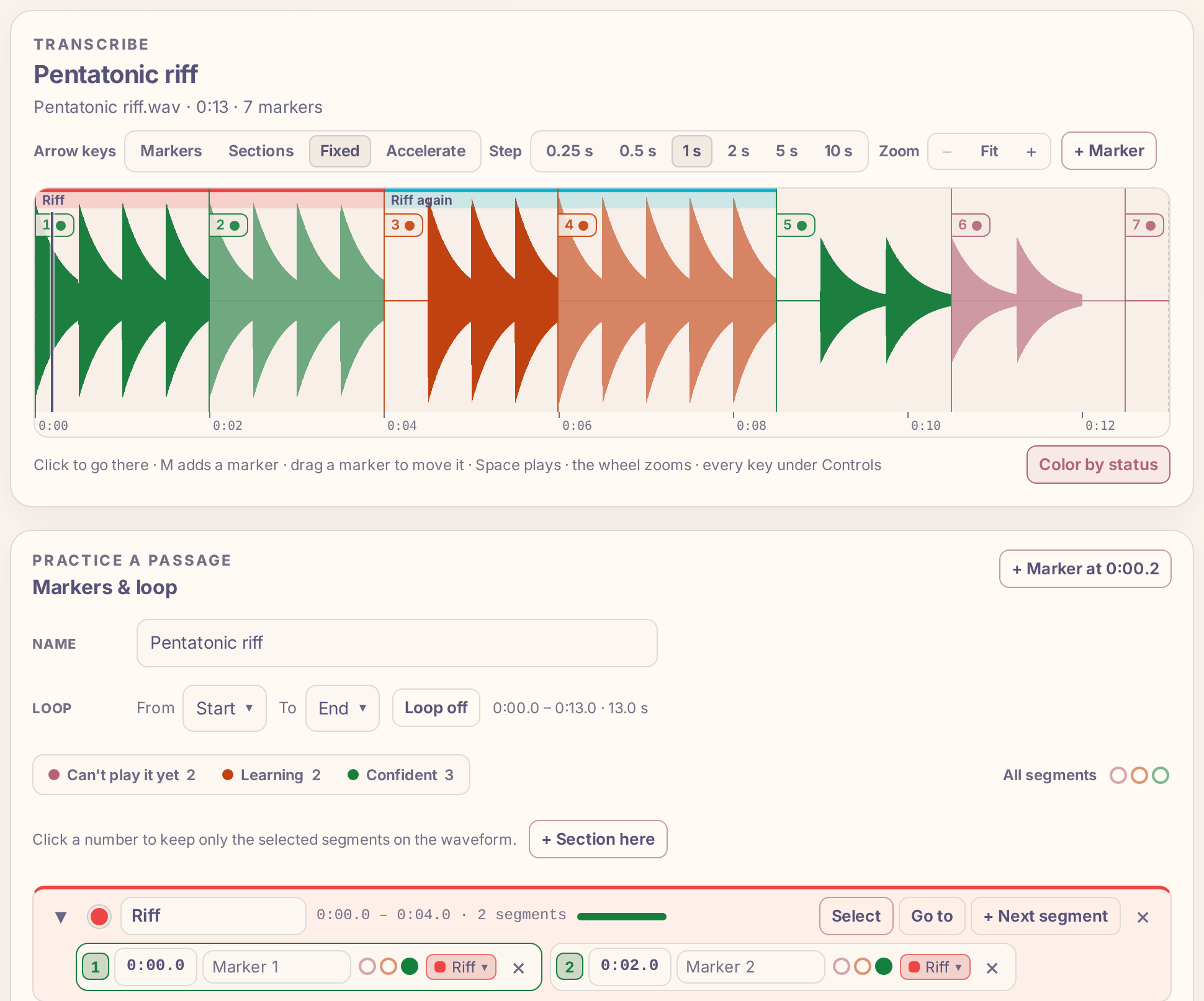 The waveform colored by status: the first phrases green, two orange, the last ones red; below it the legend Can't play it yet 2, Learning 2, Confident 3.