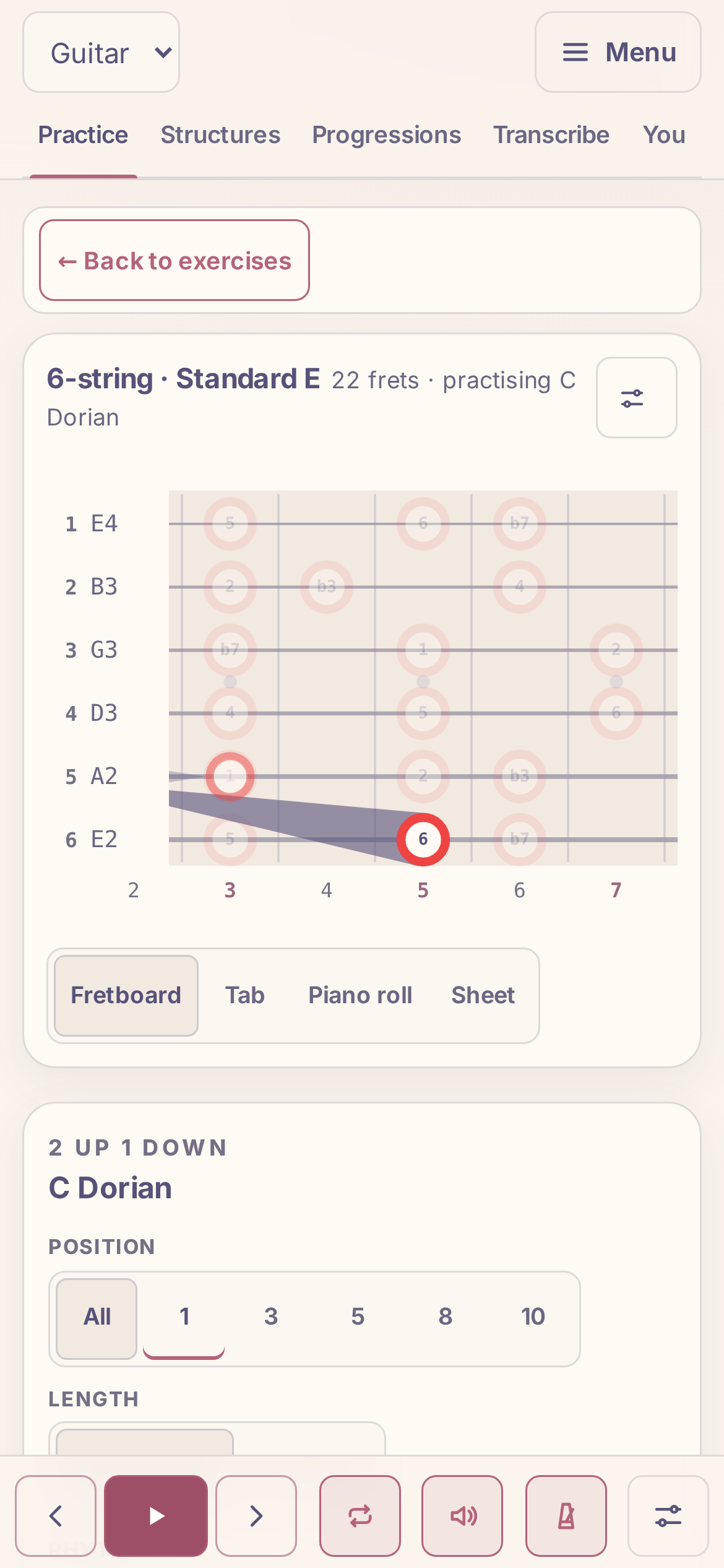 Phone: a C Dorian 2 up 1 down run on the fretboard with an arrow to the next note and the transport at the bottom.