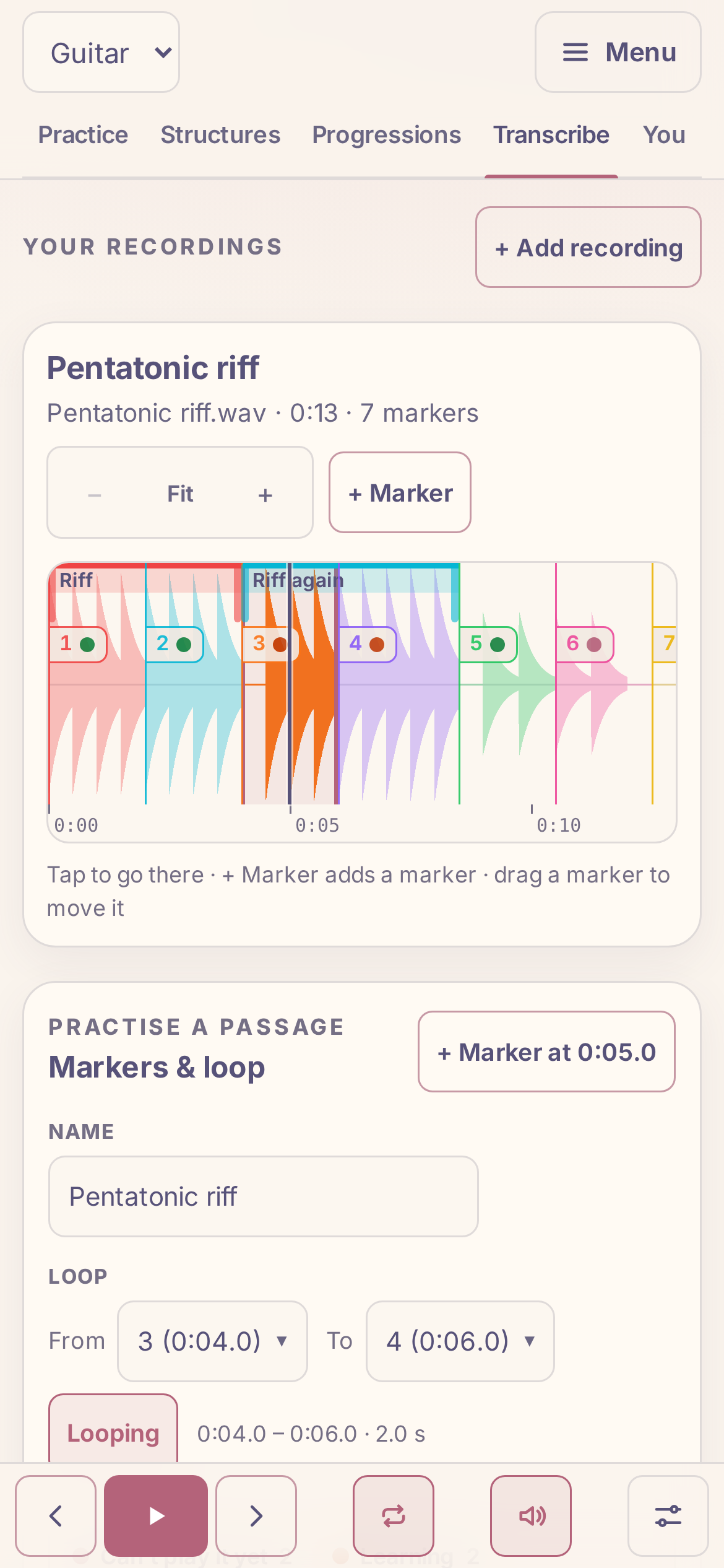 Phone: a waveform with the sections Riff and Riff again, status dots and a looped segment.
