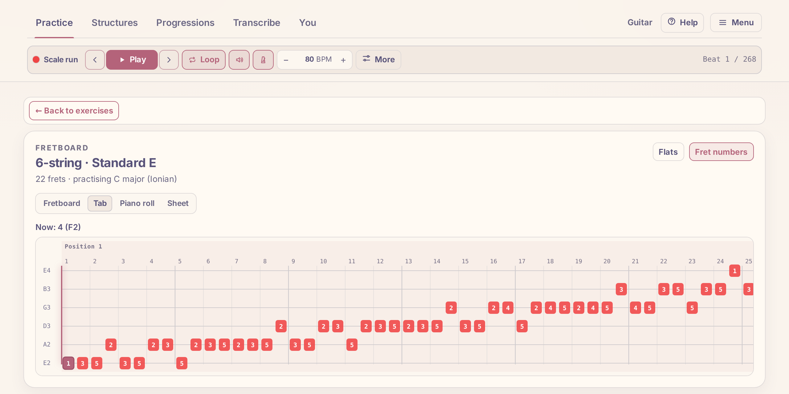 A C major scale run shown as tab across six strings, with the play, loop, tempo and metronome controls above it.