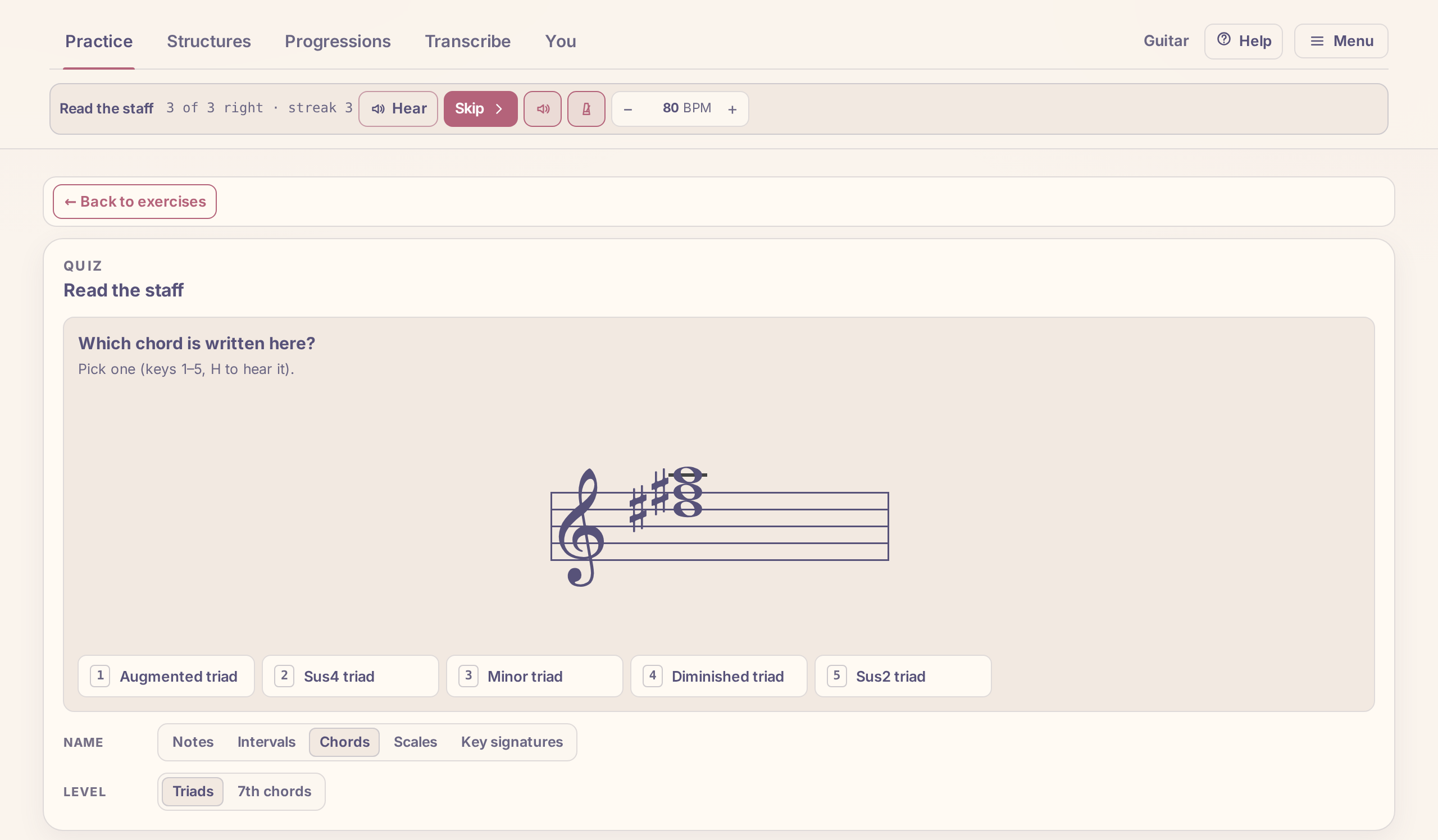 Read the staff, chords: 3 of 3 right with a streak of 3, a chord on the staff and five answers to choose from.