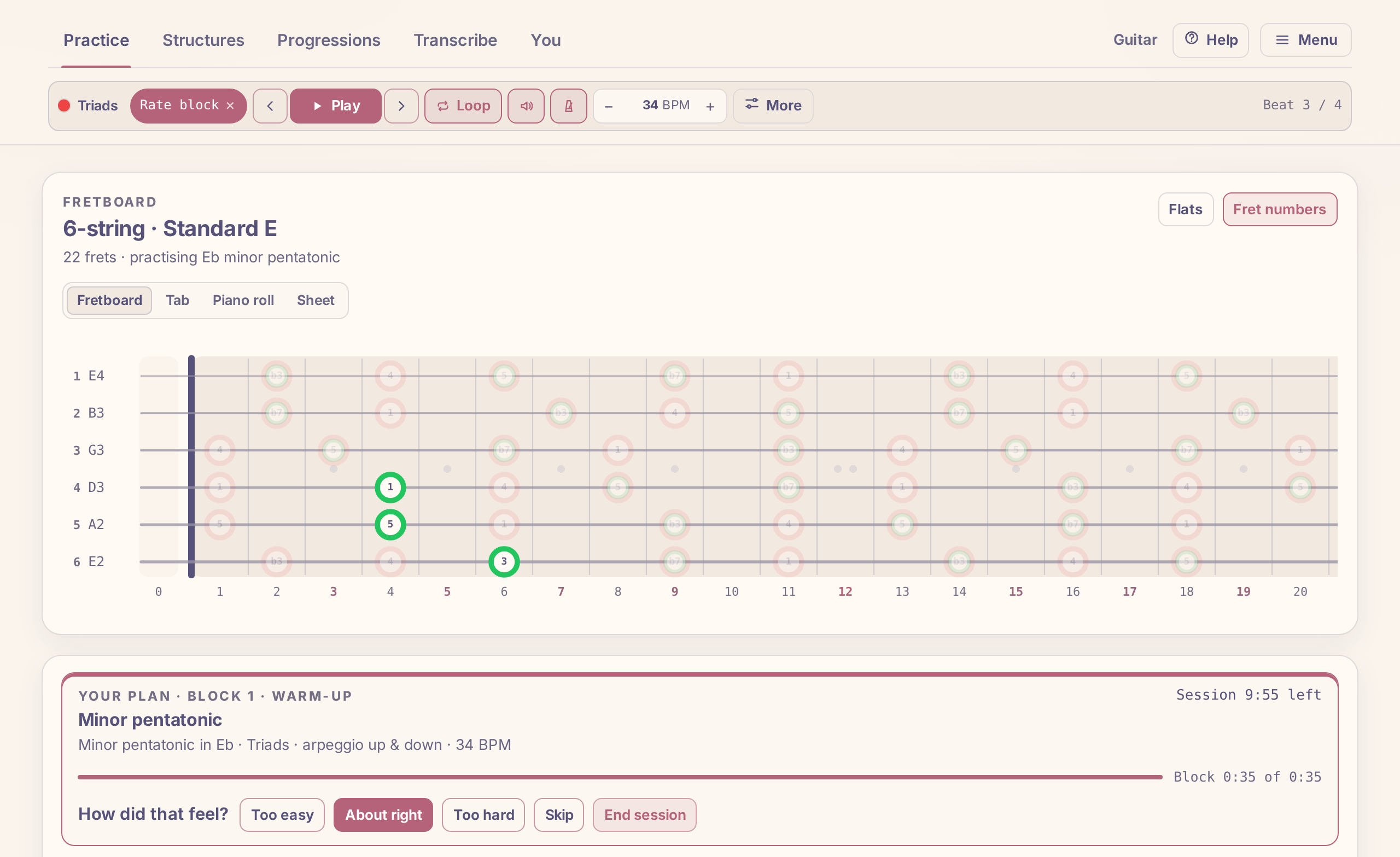 A plan session: a warm-up block of E-flat minor pentatonic triads on the fretboard, the block timer, and the question How did that feel? with Too easy, About right and Too hard.