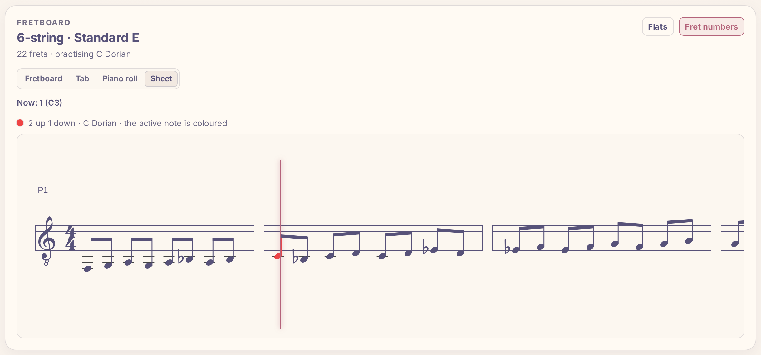 A C Dorian 2 up 1 down run written as notation, with the current note coloured.