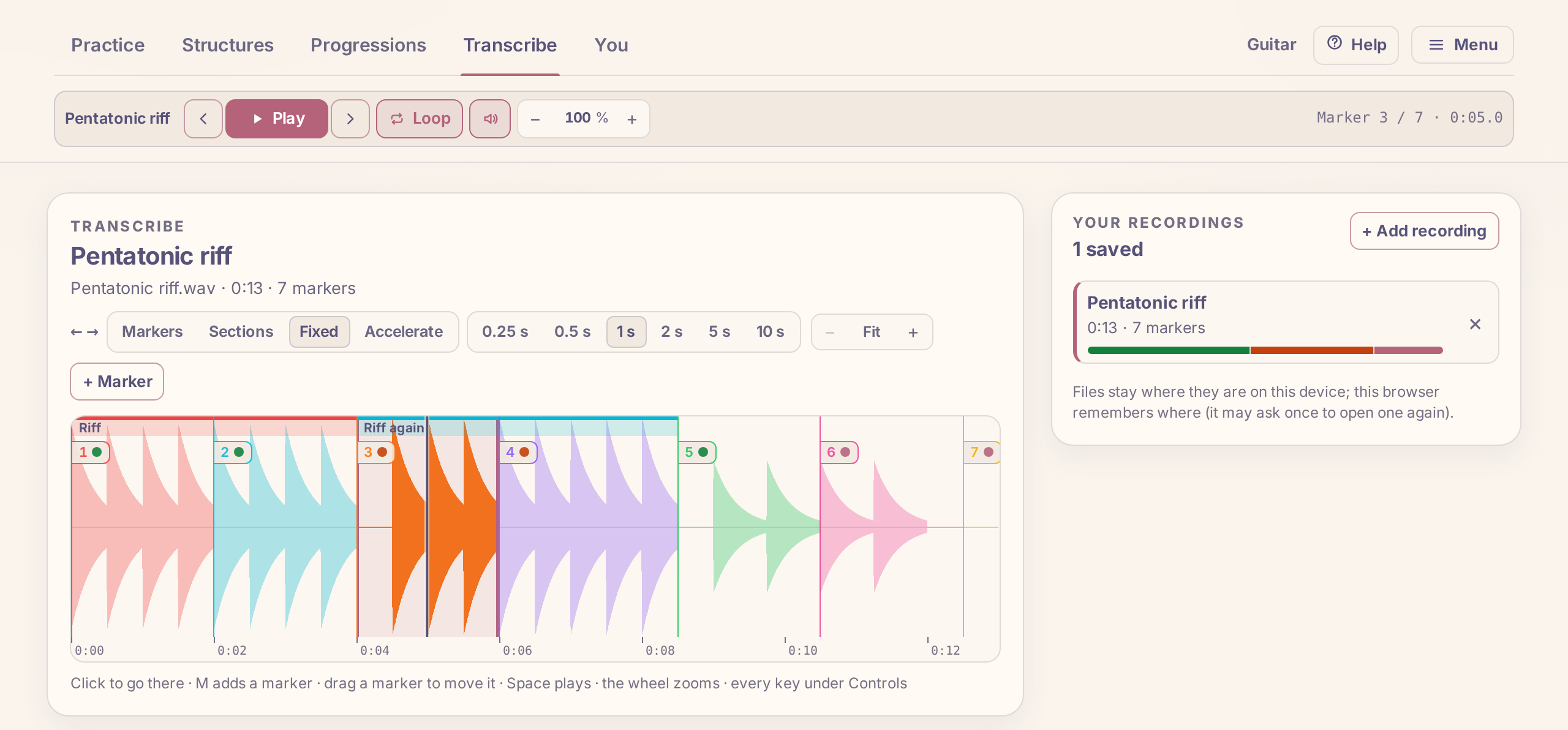 Transcribe: a recording’s waveform split into sections by numbered markers, each marked green, orange or red for how well it is played, with one section looped.